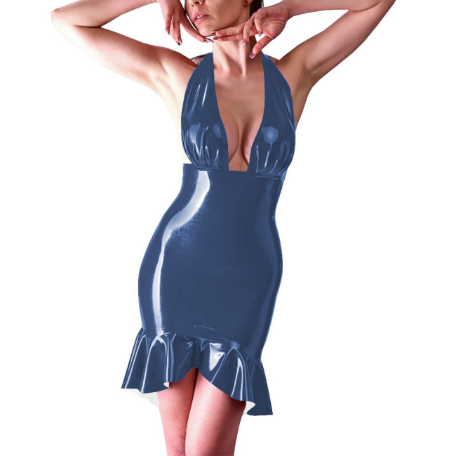 Coctail Party Sexy Backless Tight Dress for Women Latex-look Halter Sleeveless Bodycon Short Robe Evening Elegant Mermaid Dress