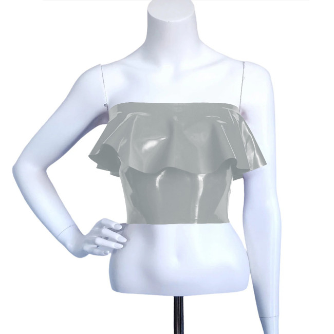 Exotic Faux Latex Slim Ruffled Chest Wrapping Strapless Tops Sexy Costume Women Bodycon Summer Crop Top Rave Outfits Fetish Wear