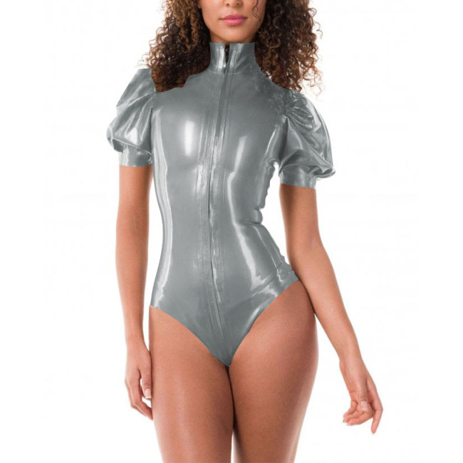 Turtleneck Short Sleeve High Cut Faux Latex Bodysuit Women Front Zipper Bodycon Bodysuits Revelry Party Club PVC Summer Rompers