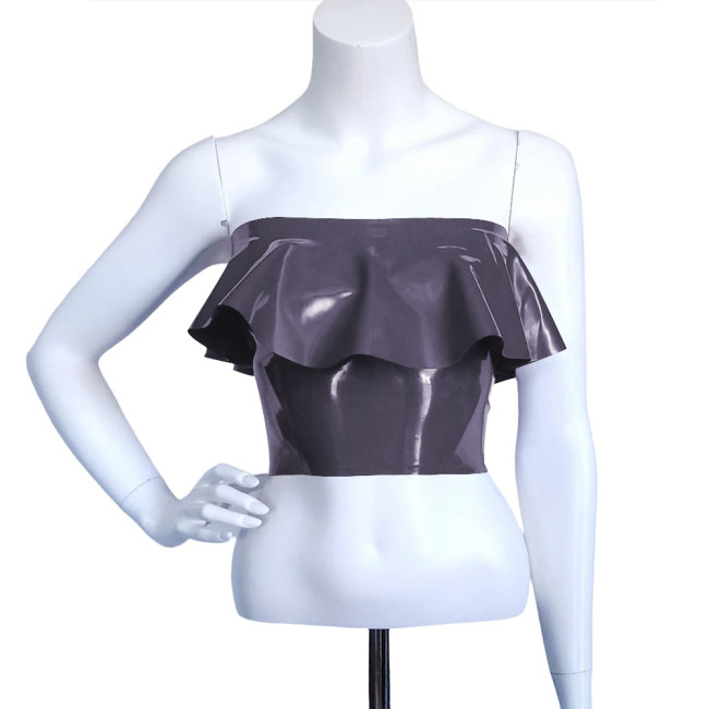 Exotic Faux Latex Slim Ruffled Chest Wrapping Strapless Tops Sexy Costume Women Bodycon Summer Crop Top Rave Outfits Fetish Wear