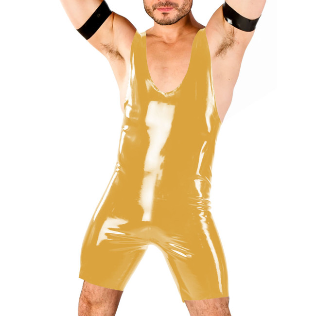 Mens Sexy Glossy Bodysuit Fashion Nightclub One-piece Romper Sleeveless Backless PVC Faux Leather Stretch Short Jumpsuit Cosplay