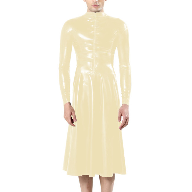 Fashion Unisex Long Sleeves Front Zip Faux Latex Sissy Dress Mock Neck Bodycon A-line Midi Dress Mens Fetish Slim Women Dresses