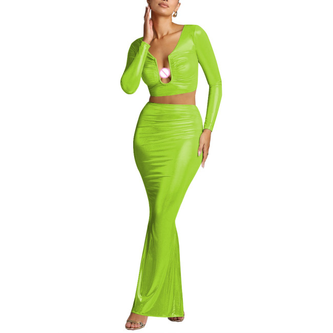 Party Shiny Liquid Metallic 2 Piece Sets Womens Skirts Outfits Sexy Long Sleeve U-neck Croped Tops with Long Skirts Dailywear