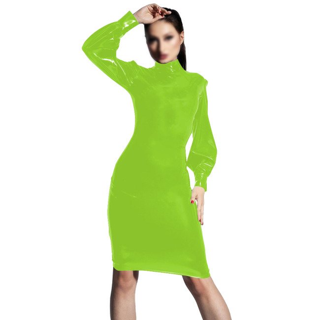 PVC Shiny Leather Elegant Bodycon Dress Turtleneck Long Sleeved Slimming Dresses Transparent Womens Knee-length Party Club Dress