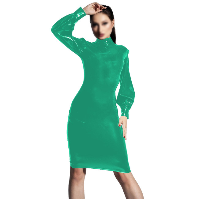 PVC Shiny Leather Elegant Bodycon Dress Turtleneck Long Sleeved Slimming Dresses Transparent Womens Knee-length Party Club Dress
