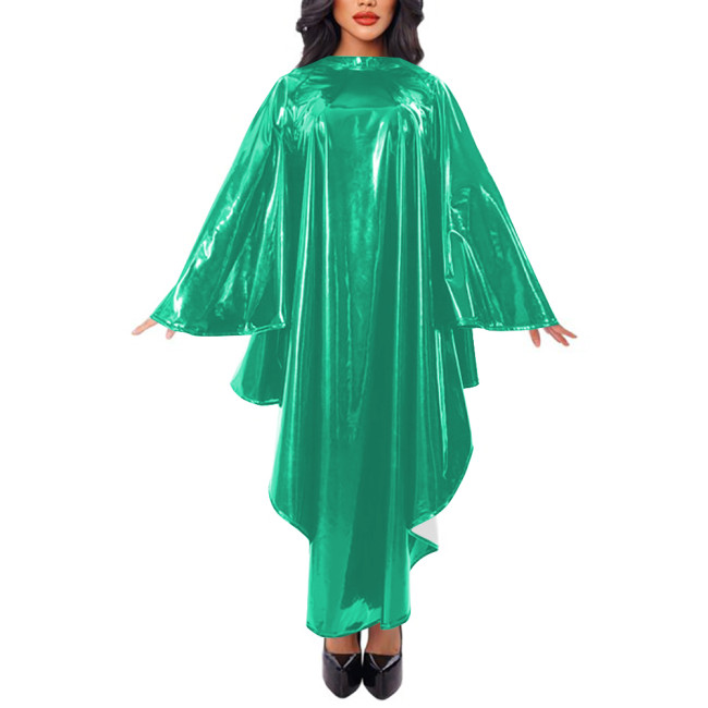 Women Cape Sleeve Loose Robe Maxi Dress Faux Leather Mock Neck Irregular Long Dress Stage Apparel Solid Cape Raincoat Clubwear
