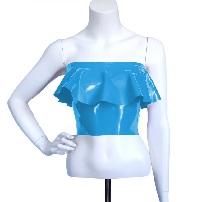 Exotic Faux Latex Slim Ruffled Chest Wrapping Strapless Tops Sexy Costume Women Bodycon Summer Crop Top Rave Outfits Fetish Wear