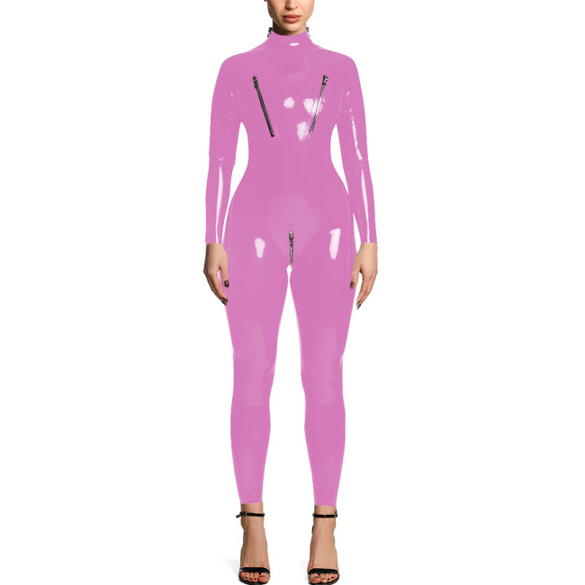 Sissy Mens Long Sleeves Zip Open Crotch Overalls for Women Jumpsuits Faux Leather Sexy Nightclub Solid Stretch Catsuit Fetish
