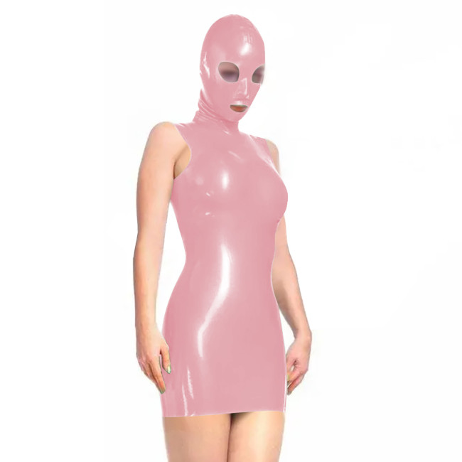 Sissy Novelty Wetlook Bodycon Mini Dress with Mask Hood Womens Sexy Sleeveless Tight Club Dress Party Vinyl PVC Dress Cosplay