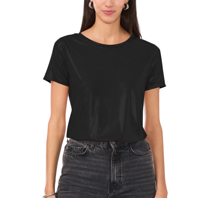 Casual Womens Short Sleeve Liquid Metallic Tops High Street Crewneck T-shirts Female Glitter Sparkly Tees Party Club Concert