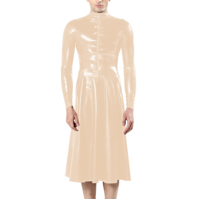 Fashion Unisex Long Sleeves Front Zip Faux Latex Sissy Dress Mock Neck Bodycon A-line Midi Dress Mens Fetish Slim Women Dresses