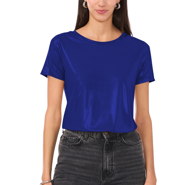Casual Womens Short Sleeve Liquid Metallic Tops High Street Crewneck T-shirts Female Glitter Sparkly Tees Party Club Concert