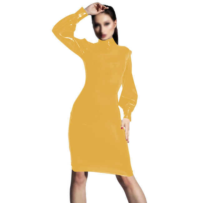 PVC Shiny Leather Elegant Bodycon Dress Turtleneck Long Sleeved Slimming Dresses Transparent Womens Knee-length Party Club Dress