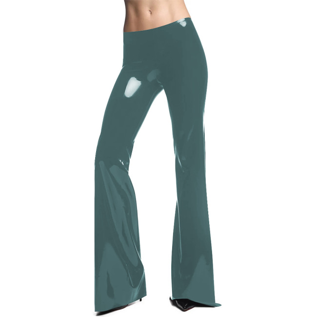 Glossy Office Lady PVC Leather Bodycon Flare Pants Women PVC Leather Tight Solid Slim Long Capris Trousers Female Casual Bottoms