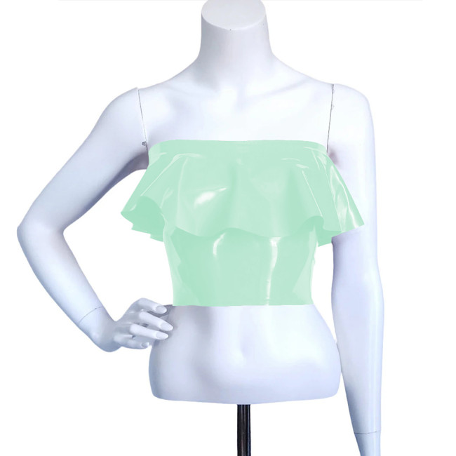 Exotic Faux Latex Slim Ruffled Chest Wrapping Strapless Tops Sexy Costume Women Bodycon Summer Crop Top Rave Outfits Fetish Wear