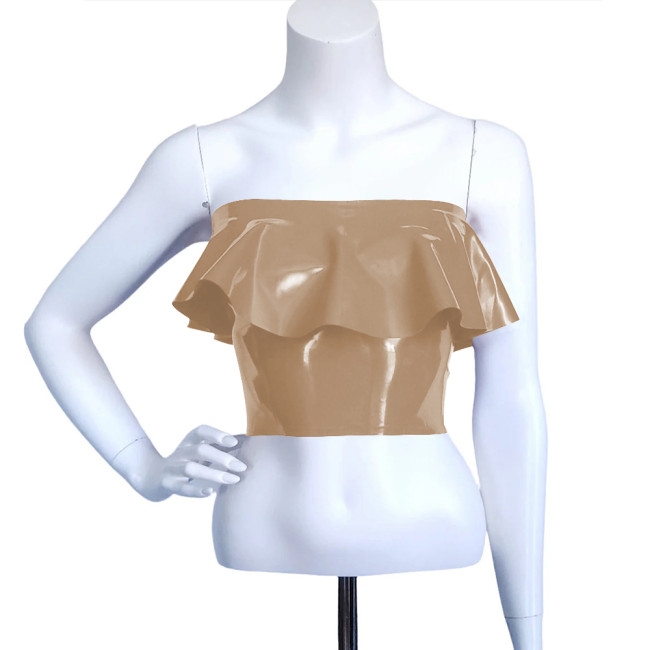 Exotic Faux Latex Slim Ruffled Chest Wrapping Strapless Tops Sexy Costume Women Bodycon Summer Crop Top Rave Outfits Fetish Wear