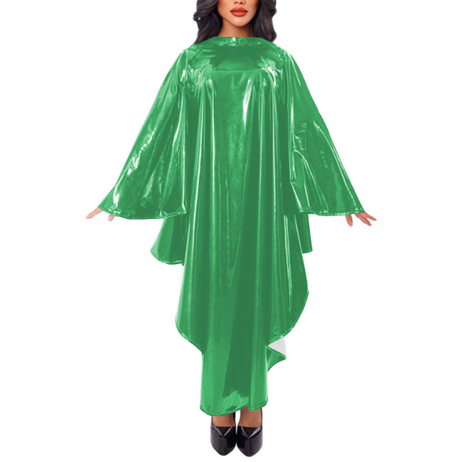 Women Cape Sleeve Loose Robe Maxi Dress Faux Leather Mock Neck Irregular Long Dress Stage Apparel Solid Cape Raincoat Clubwear