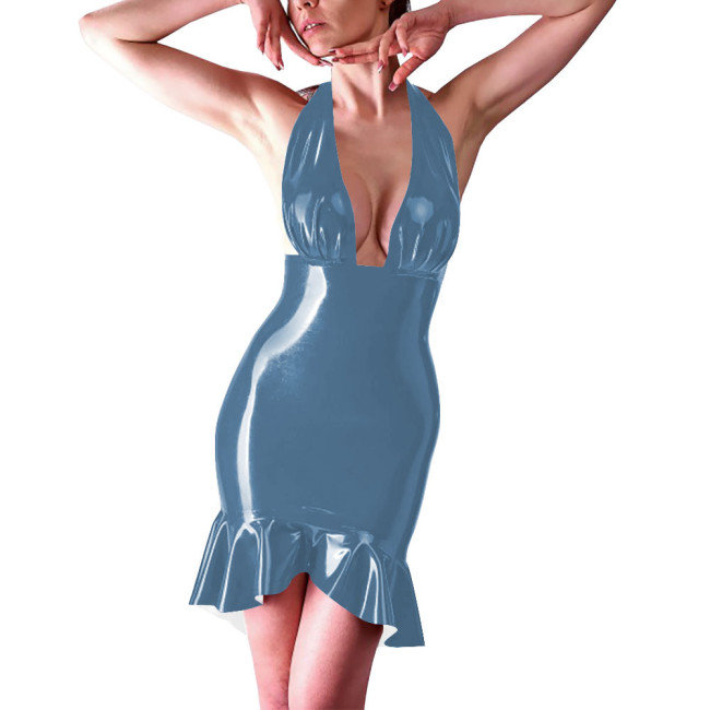 Coctail Party Sexy Backless Tight Dress for Women Latex-look Halter Sleeveless Bodycon Short Robe Evening Elegant Mermaid Dress