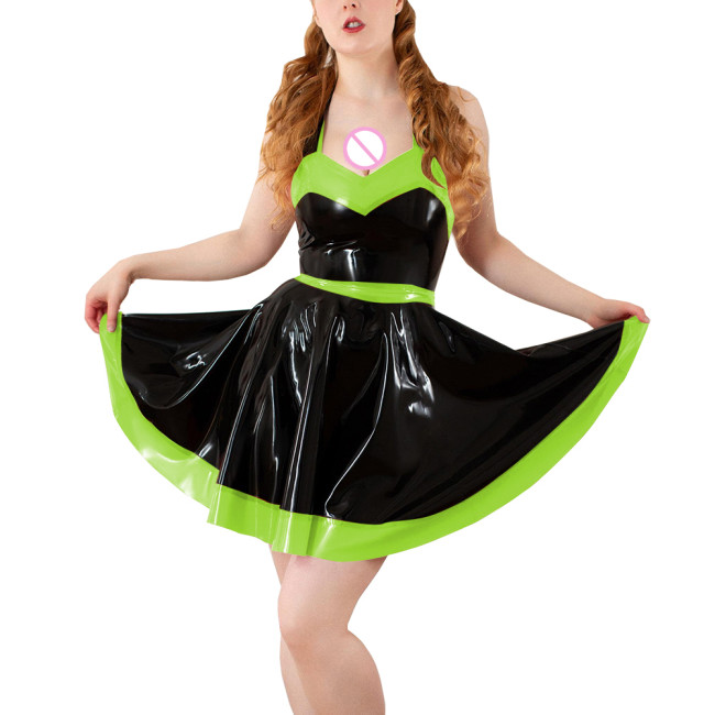 Party Mini Swing Evening Party Dress for Women Sexy Sleeveless Halter A-line PVC Shiny Dress Cocktail Formal High Waist Dresses