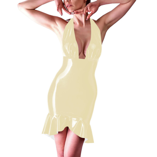 Coctail Party Sexy Backless Tight Dress for Women Latex-look Halter Sleeveless Bodycon Short Robe Evening Elegant Mermaid Dress
