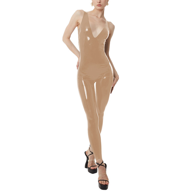 Deep V Neck Sleeveless Vinyl PVC Leather Jumpsuit for Women Summer Casual Slim Fit Zipper Back Bodycon Rompers Female Catsuit