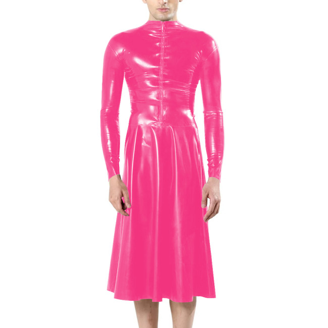 Fashion Unisex Long Sleeves Front Zip Faux Latex Sissy Dress Mock Neck Bodycon A-line Midi Dress Mens Fetish Slim Women Dresses