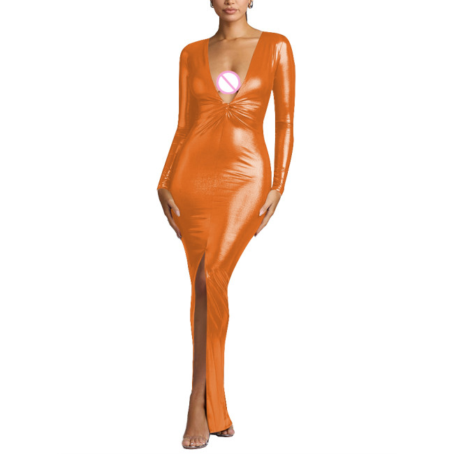 Elegant V-Neck Maxi Dress Liquid Metallic Long Sleeved Backless Evening Gown Womens Sexy Slim Fit Formal Dress Shiny Prom Outfitearns Evening Party Dress