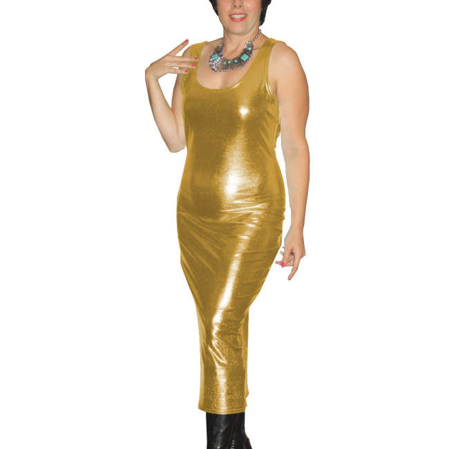 Sexy Slim Fit Maxi Dress Women Shiny Metallic Backless Bandage Sleeveless Pleated Hip Package Party Dress New Split Robe Vestito