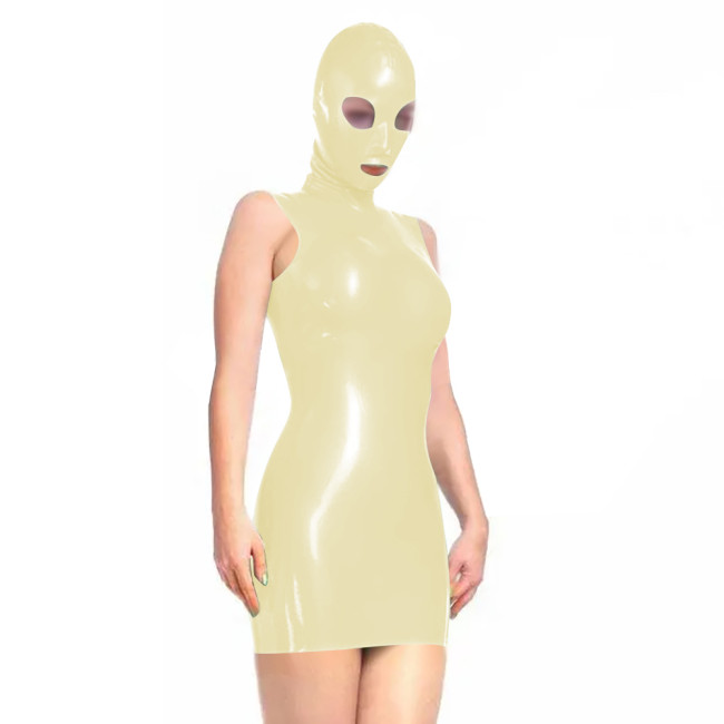 Sissy Novelty Wetlook Bodycon Mini Dress with Mask Hood Womens Sexy Sleeveless Tight Club Dress Party Vinyl PVC Dress Cosplay