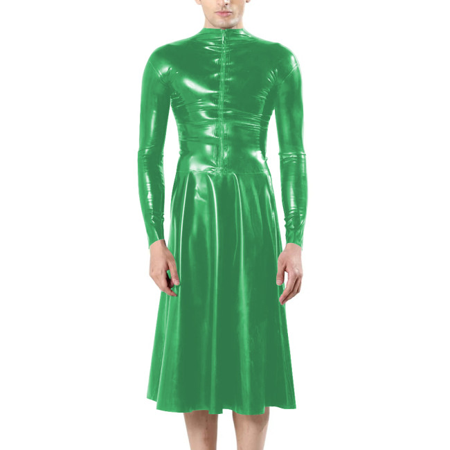 Fashion Unisex Long Sleeves Front Zip Faux Latex Sissy Dress Mock Neck Bodycon A-line Midi Dress Mens Fetish Slim Women Dresses