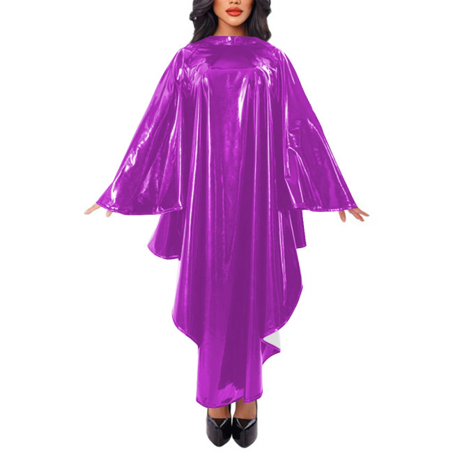 Women Cape Sleeve Loose Robe Maxi Dress Faux Leather Mock Neck Irregular Long Dress Stage Apparel Solid Cape Raincoat Clubwear