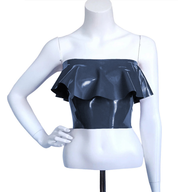 Exotic Faux Latex Slim Ruffled Chest Wrapping Strapless Tops Sexy Costume Women Bodycon Summer Crop Top Rave Outfits Fetish Wear