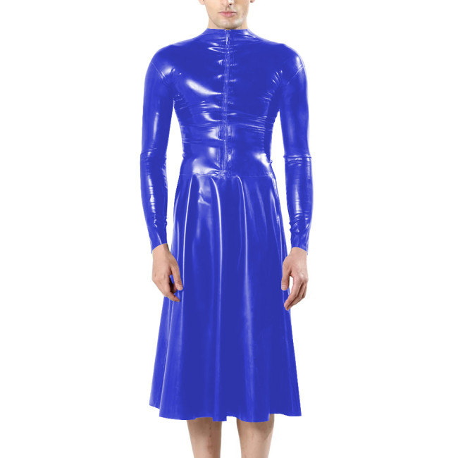 Fashion Unisex Long Sleeves Front Zip Faux Latex Sissy Dress Mock Neck Bodycon A-line Midi Dress Mens Fetish Slim Women Dresses