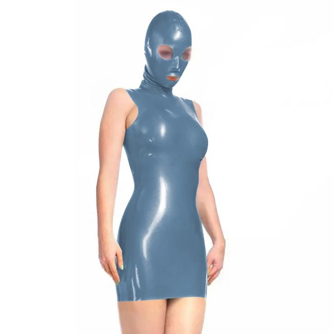 Sissy Novelty Wetlook Bodycon Mini Dress with Mask Hood Womens Sexy Sleeveless Tight Club Dress Party Vinyl PVC Dress Cosplay