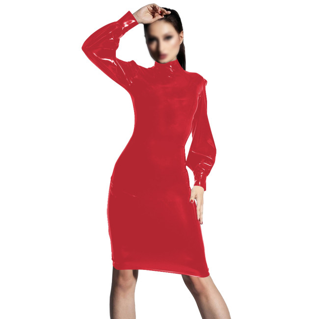 PVC Shiny Leather Elegant Bodycon Dress Turtleneck Long Sleeved Slimming Dresses Transparent Womens Knee-length Party Club Dress