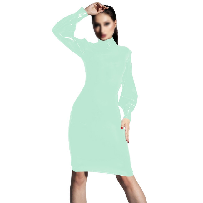 PVC Shiny Leather Elegant Bodycon Dress Turtleneck Long Sleeved Slimming Dresses Transparent Womens Knee-length Party Club Dress