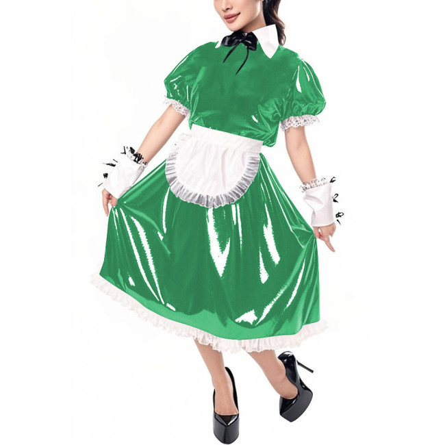 Sissy Puff Short Sleeve Vinyl PVC Maid Dresses Halloween Party Cosplay Servant Uniform Cross Dresser Midi Maid Dress with Apron