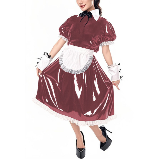 Sissy Puff Short Sleeve Vinyl PVC Maid Dresses Halloween Party Cosplay Servant Uniform Cross Dresser Midi Maid Dress with Apron