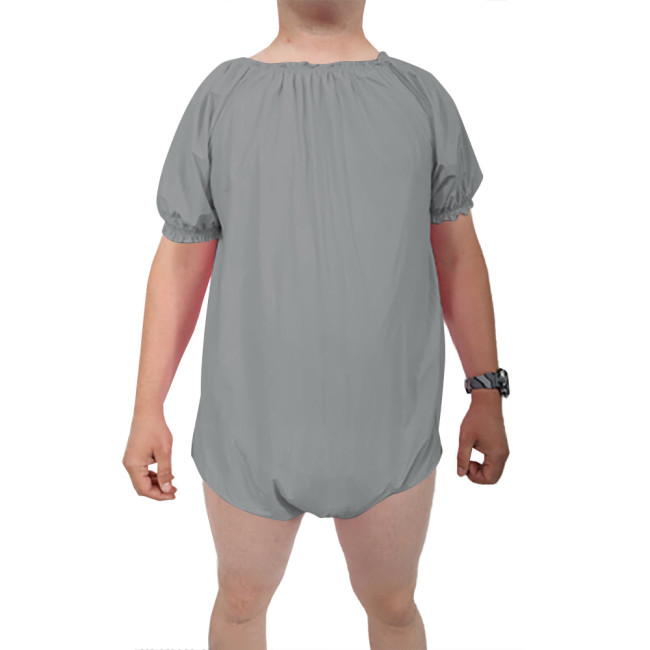 Mens Back Zipper Wetlook Bodysuit Round Collar Short Sleeves One-piece Diaper Loose Romper Club High Cut Jumpsuit Sexy Body Tops
