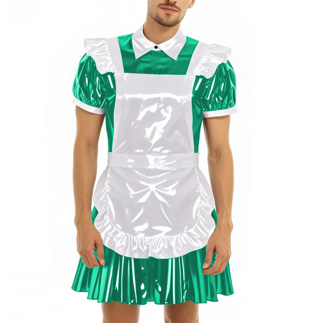 Mens Sissy Party Maid Uniforms Cross-dresser Vinyl Short Sleeve PVC Leather Mini Dress with Apron French Maid Cosplay Dress Sets