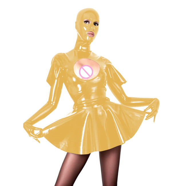 Novelty Pleated Mini Dress with Masked Hood Sexy Hollow  Vinyl PVC Leather Long Sleeve Short Swing Dress Sissy Wetlook Clubwear