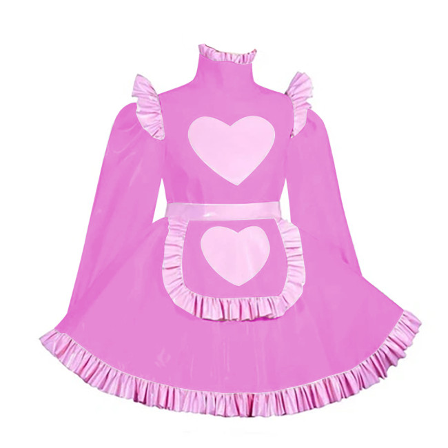 Lockable Adult Cross Dressing Pleated Mini Maid Dress Sissy Lolita Heart A-line PVC Dress with Apron Halloween Cosplay Outfits