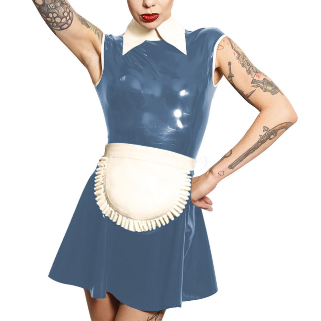 Mens Sissy Latex-look Maid Outfit Sleeveless A-line Mini Dress with Apron Unisex PVC Maid Uniforms Raves Party Cosplay Costume