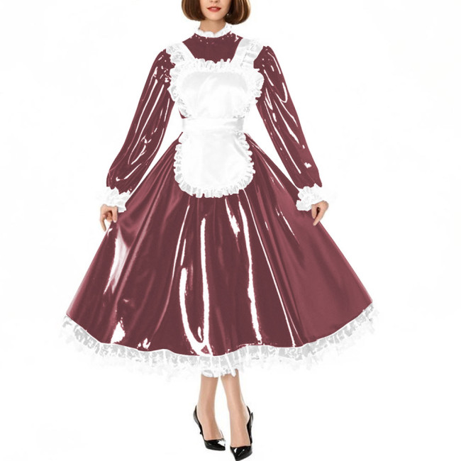 Sissy Crossdress Maid Cosplay Dress Outfits Puff Long Sleeve Lockable Long A-line Lolita Maid Dress Wetlook Apron Servant Dress