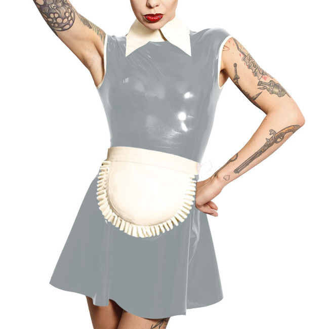 Mens Sissy Latex-look Maid Outfit Sleeveless A-line Mini Dress with Apron Unisex PVC Maid Uniforms Raves Party Cosplay Costume