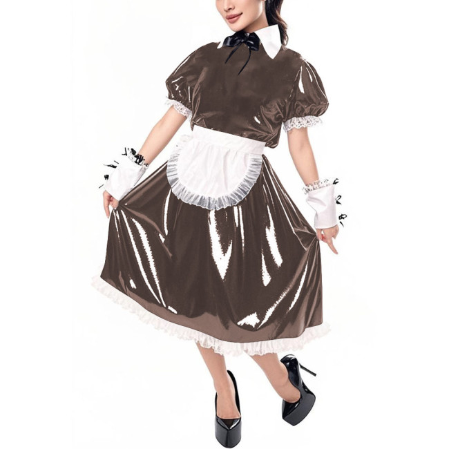 Sissy Puff Short Sleeve Vinyl PVC Maid Dresses Halloween Party Cosplay Servant Uniform Cross Dresser Midi Maid Dress with Apron