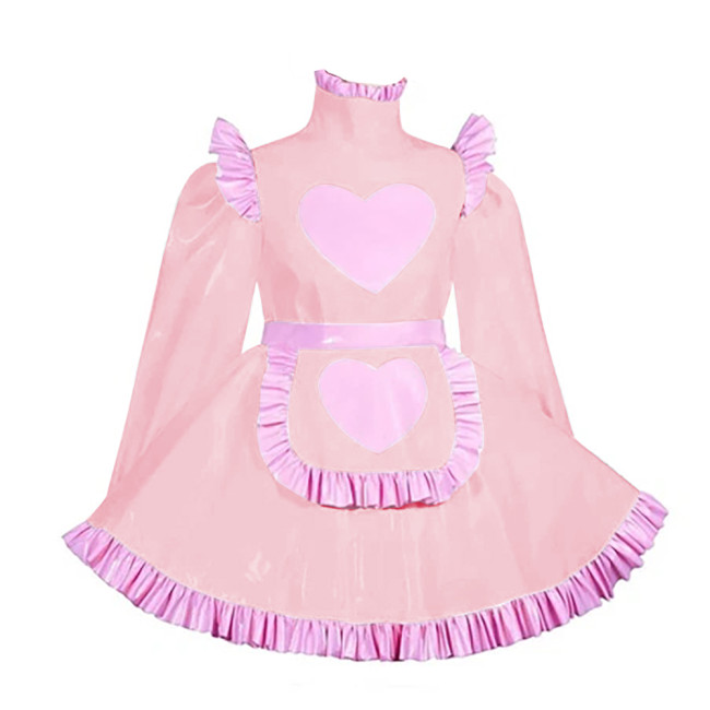 Lockable Adult Cross Dressing Pleated Mini Maid Dress Sissy Lolita Heart A-line PVC Dress with Apron Halloween Cosplay Outfits