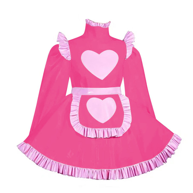 Lockable Adult Cross Dressing Pleated Mini Maid Dress Sissy Lolita Heart A-line PVC Dress with Apron Halloween Cosplay Outfits