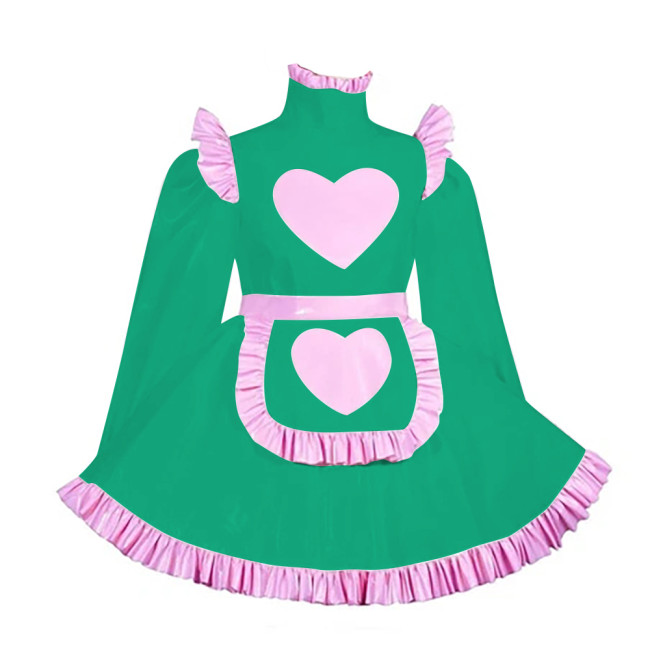 Lockable Adult Cross Dressing Pleated Mini Maid Dress Sissy Lolita Heart A-line PVC Dress with Apron Halloween Cosplay Outfits