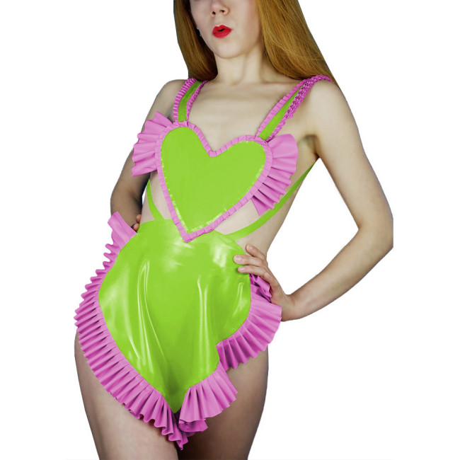 Sweet Sexy Backless Heart Apron Erotic Dress Shiny PVC Leather Ruffled Shoulder Strap Apron Raves Party Cosplay Accessories 7XL